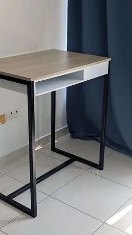 Compact study desk (HIGH) — light wood top and black metal frame