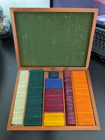 Vintage Wooden Box with Colored Glass or Bakelite Game Chips / Counters Set
