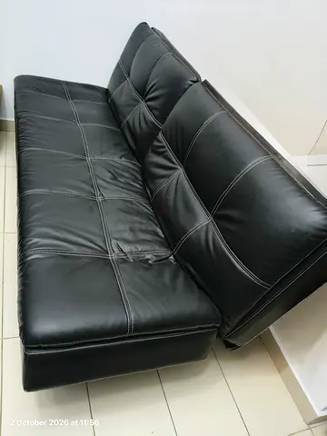 Black Faux Leather Sofa Bed - Compact 3-Seater, Good Condition