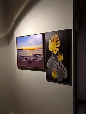 Set of 2 Framed Wall Art Paintings — Beach Sunset & Monstera Leaves