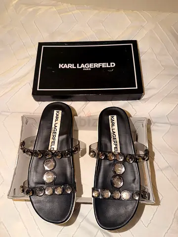 Karl Lagerfeld black leather slide sandals with crystal straps - size 5.5