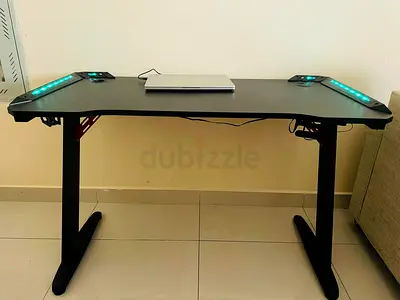 Gaming Desk with LED Lights and Cup Holders - Black