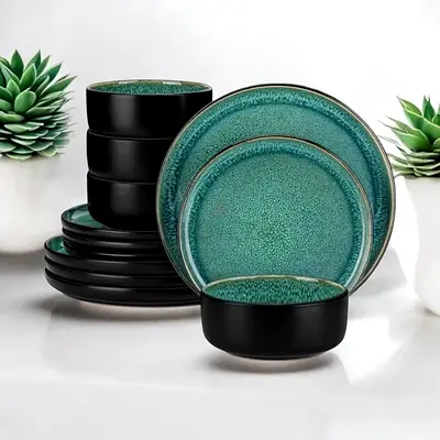 18-piece ceramic dinnerware set - teal crackle glaze