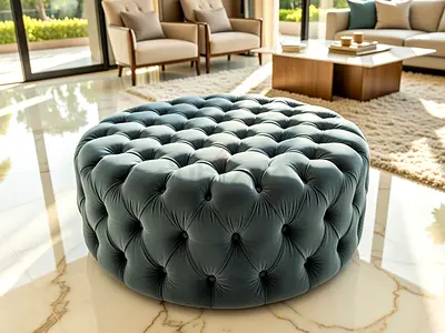 Ottoman round blue velvet