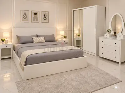 White Modern Bedroom Set with Bed, Wardrobe and Dresser
