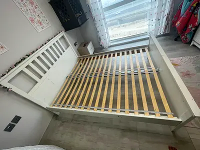 White wooden double bed frame with slatted base - good condition