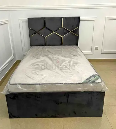 Single velvet bed frame with storage and geometric headboard - almost new