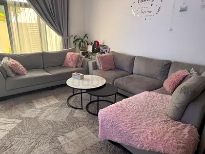 Light Grey L-Shaped Fabric Sofa Set with Pink Cushions (Good Condition)