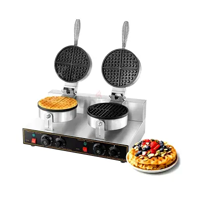 Double Commercial Electric Waffle Maker - Stainless Steel, Twin Heads