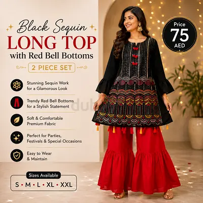 Black Sequin Long Top with Red Bell Bottoms