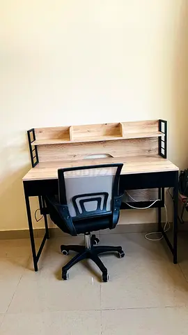Wooden Study Desk with Overhead Shelves and Office Chair - Light Oak