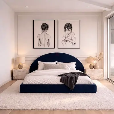 Modern Low-Profile Velvet Platform Bed with Rounded Headboard - Navy
