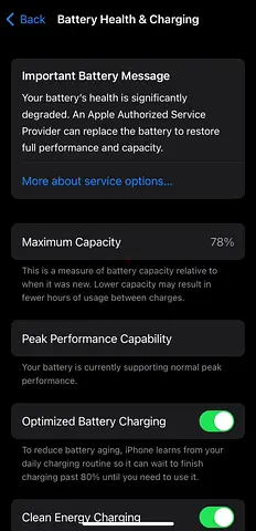 iPhone with degraded battery — 78% maximum capacity (needs battery replacement)