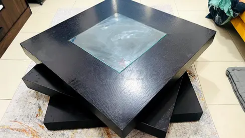 Modern Black Stacked Square Coffee Table with Glass Inset