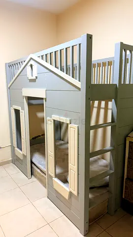 Wooden Playhouse Bunk Bed / Kids Loft Bed with Ladder - Grey