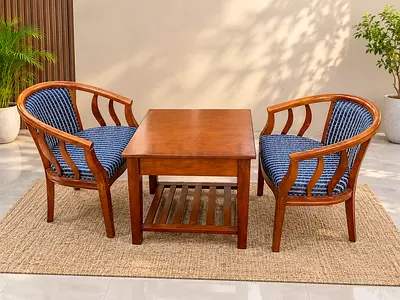 Solid Wood Coffee Table with Pair of Curved Armchairs - Good Condition