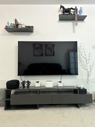 Modern low-profile TV entertainment unit - matte grey, 2 drawers with 2 show pieces set