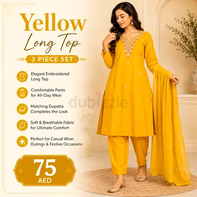 Yellow 3-Piece Women's Long Top Set with Dupatta