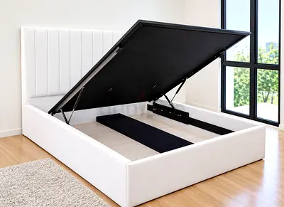 New off white Upholstered Storage Ottoman Bed with Gas Lift - King/Queen (see details)