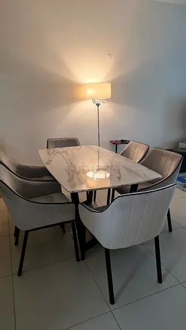 Modern Marble-Top Dining Table with 6 Upholstered Chairs