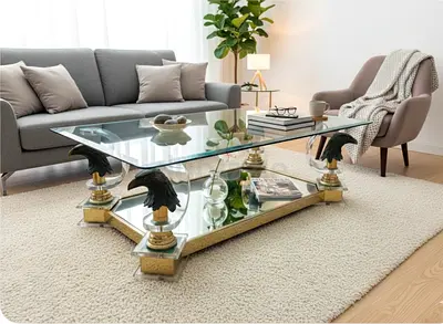Glass Top Coffee Table with Decorative Eagle Pedestals