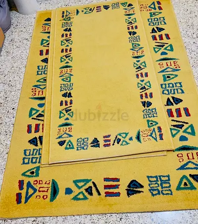 Set of 4 Yellow Geometric Border Rugs - Good Condition