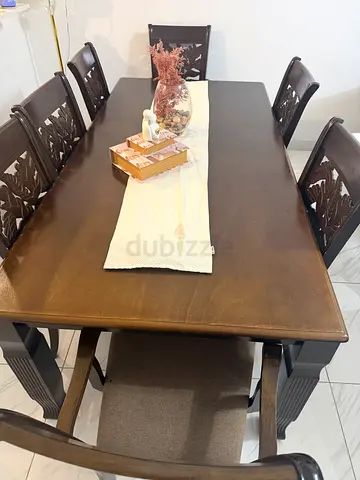 Solid Wood Dining Table with 6 Carved Chairs - Good Condition