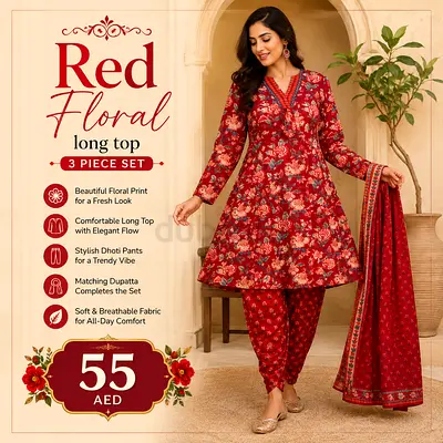 Red Floral 3-Piece Long Top Set - Women's Kurta, Pants & Dupatta