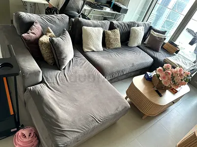 Large L-shaped Grey Fabric Sofa with Chaise - Good Condition