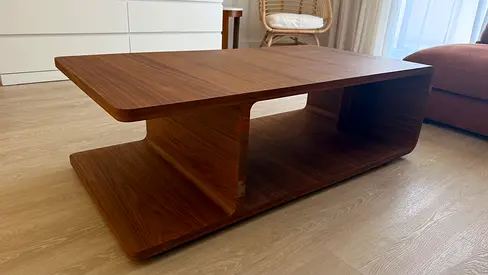 Modern / mid-century style curved walnut finish coffee table