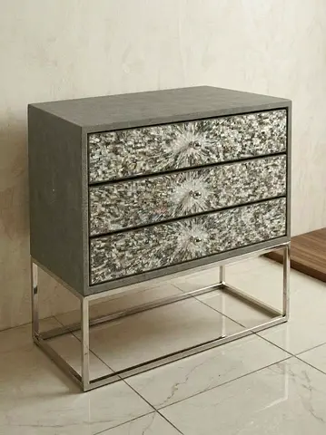 Modern 3-Drawer Bedside Chest with mother of pearl decor on fronts