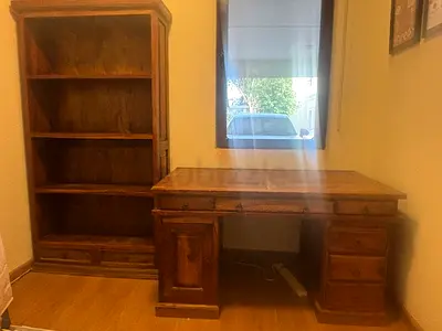 Solid Wood Office Desk and Matching Bookcase - Rustic Finish