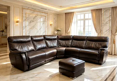 Large Dark Brown Leather Recliner L-Shaped Corner Sofa with Ottoman - Good Condition