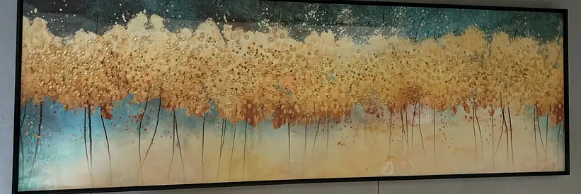 Large Abstract Floral Landscape Wall Art in Gold and Teal (Framed) 120cmx40cm