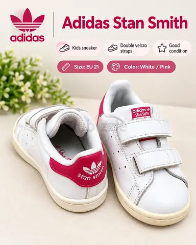 Adidas Stan Smith kids sneakers EU 21 - white with pink, double velcro