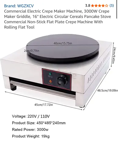 Commercial 16" Electric Crepe Maker 3000W - 40cm Non-stick Griddle