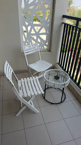 White Outdoor Bistro Set - 2 Folding Chairs + Round Side Table