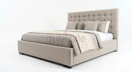 Upholstered King Size Bed with Padded Headboard - Light Beige