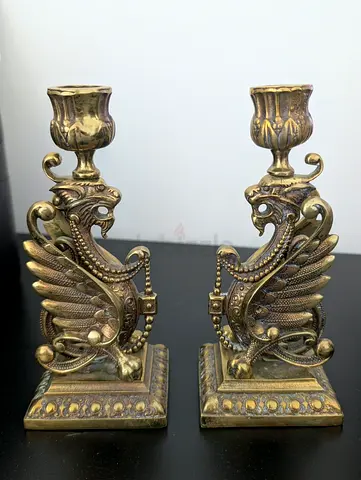 Vintage Solid Brass Winged Dragon / Griffin Candlesticks - Pair (18 cm)