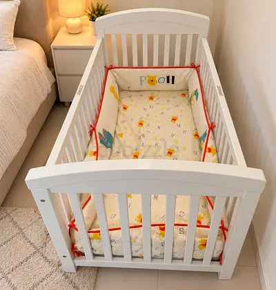 JUNIORS brand white Wooden Baby Crib (Toddler Size) with Winnie the Pooh Bumper and Mattress