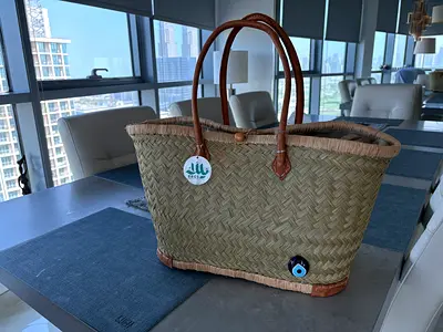Brand New Handwoven Straw Market Tote Bag with Evil Eye Charm & Matching Towel