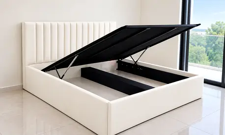 New King Size storage ottoman bed with upholstered headboard - cream