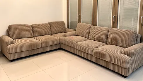 Beige Corduroy L-shaped 6-seater Sofa - Good Condition