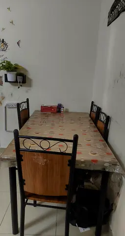 Wooden Top Dining Table with 6 Metal Frame Chairs - Good Condition