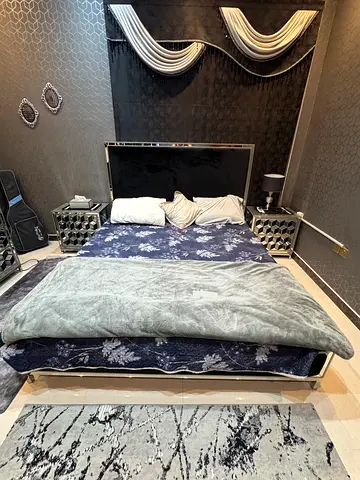 King size bed frame with mattress and bedside tables - good condition