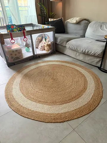 Round Jute Rug with Natural and Cream Bands 150cm diameter - Good Condition