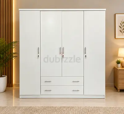White 4-Door Wardrobe with Drawers - Good Condition