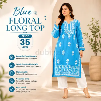 Blue Floral Embroidered Long Top