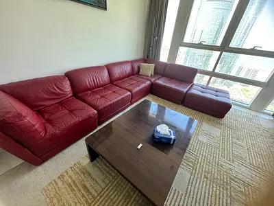 Italian made Large Red Leather L-shaped Sofa with Ottoman - Good Condition original price 12000