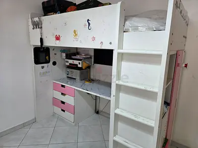 White Wooden Loft Bed with Built-in Desk and Drawers (Kids)
